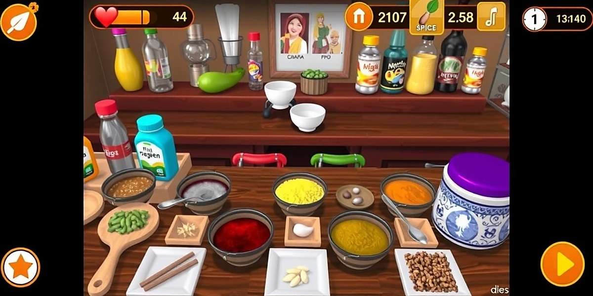 Desi Spice Journey - Gameplay Desi Spice Journey gameplay screenshot showing a virtual kitchen with various Indian spices and cooking ingredients laid out